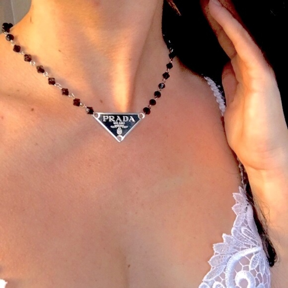 ⭐️ Prada Pendant Black Bead Choker Chain Reworked Necklace